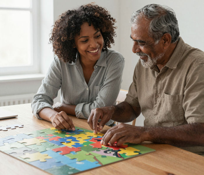 A woman and an older man smiling over a jigsaw puzzle at a wooden table