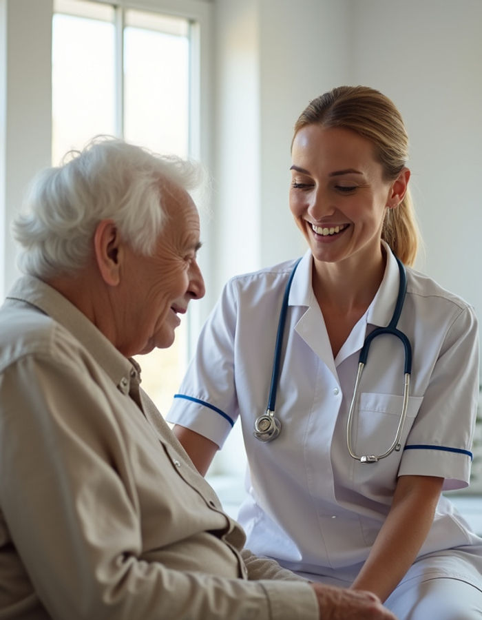 A smiling nurse in white sitting beside an older man by a bright window