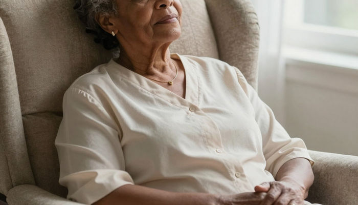 An older woman resting comfortably in an armchair
