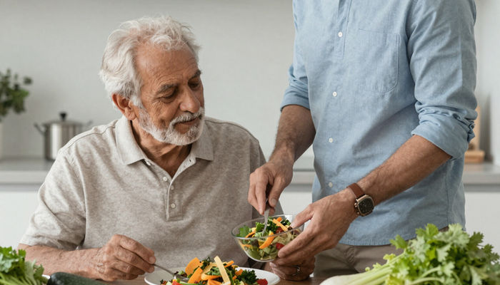 A caregiver and an older man preparing a fresh salad together