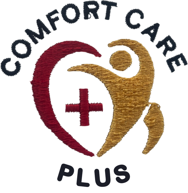 Comfort Care Plus logo: a crimson heart with a cross and a gold figure