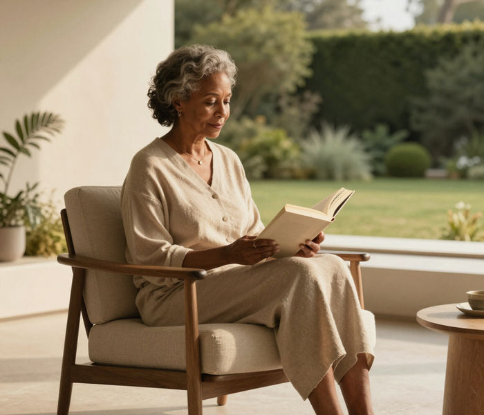 An older woman reading in an armchair beside a sunny garden window