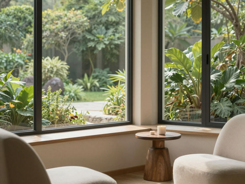A bright, comfortable sitting room with a window onto a garden